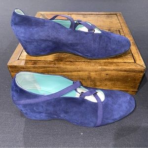 Thierry Rabotin Size 39.5 Blue Suede Wedge Slip ons